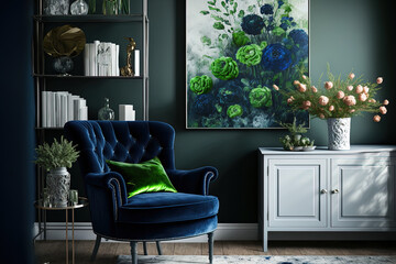 Interior of a living room with a green recliner next to a silver picture in navy blue and flowers. Generative AI