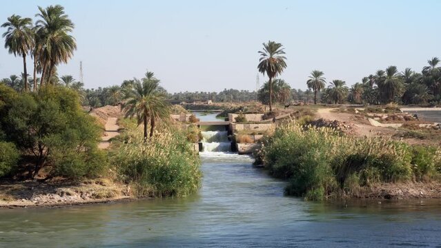 Waterfall along Nile River Banks in Aswan, Egypt