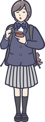 リュックで勉強しながら通学するブレザーの制服を着た女子高生の全身イラスト