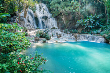 Tat Kuang Si Waterfalls,Luang Prabang,Laos.Waterfall forest with rock and turquoise blue pond.