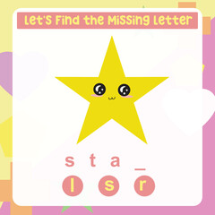 Find and complete the missing letter worksheet for kids learning the shapes vocabulary in English. The star shaped. Educational alphabetic game. Printable worksheet for preschool. Writing practice.