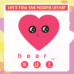 Find and complete the missing letter worksheet for kids learning the shapes vocabulary in English. The heart shaped. Educational alphabetics game. Printable worksheet for preschool. Writing practice. 