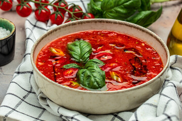 Spicy Homemade Gazpacho Soup. Summer cold vegan food on a light background. banner, menu, recipe place for text, top view