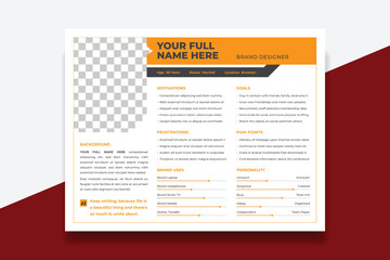 User Persona Document Template Vector Illustration. Examples of User Personas template. Persona Document. Persona Template for UI UX designer. User Persona vector horizontal template with blue color.
