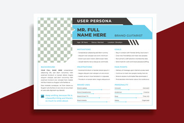 User Persona Document Template Vector Illustration. Examples of User Personas template. Persona Document. Persona Template for UI UX designer. User Persona vector horizontal template with blue color.