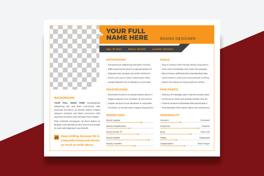 User Persona Document Template Vector Illustration. Examples of User Personas template. Persona Document. Persona Template for UI UX designer. User Persona vector horizontal template with blue color.