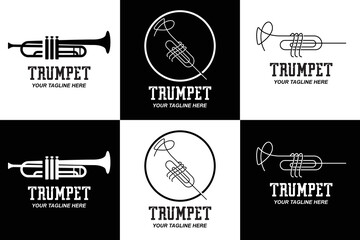 Fototapeta na wymiar Trumpet logo design, generate melody, musical instrument vector sketch illustration