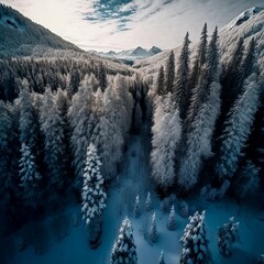 Aerial Shot of Beautiful Snow Covered Mountains and Trees