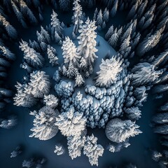 Aerial View Of Snow Covered Trees In Mid Winter