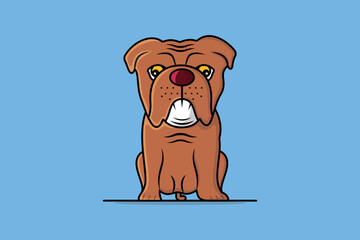 Sad Bulldog Sitting cartoon character vector illustration. Animal nature icon concept. Bulldog face vector design with shadow on blue background. Dog face, Adorable dog, Doggy icon, Home safety.