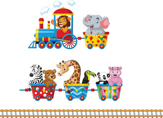 Cartoon animals riding on the train