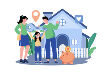 Happy family standing in front of a new house