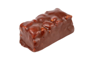 Chocolate bar with nuts on a white background.