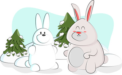 cute bunny made a snowman in the form of a bunny and admires him