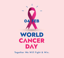 World cancer day. world cancer day awareness banner. 4 February world cancer day banner with purple ribbon on pink background. cancer awareness campaign. together we will fight and win. 4th February.