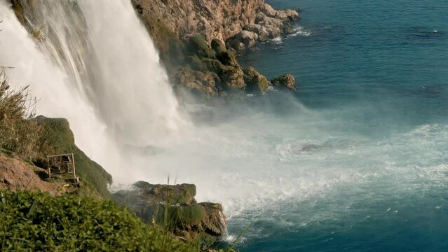 Big waterfall with clear water in Antalia Turkey. 4k video footage UHD 3840x2160