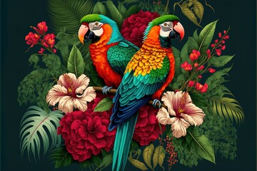 Floral vibrant exotic background with tropical flowers and plants, red parrots. Floral background. AI