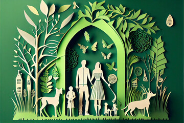 Paper art of family and pets on green background
