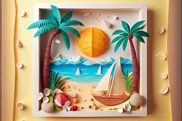 Abstract paper art of summer seascape with sea water splash and beach accessories on the beach