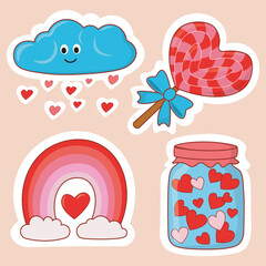 valentines day drawn stickers consists of happy cloud, candy, love rainbow and bottle with mini hearts