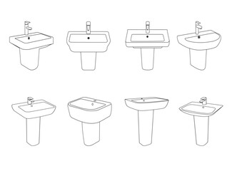 Wash basin, bowl set with and without faucet, vector line on white background
