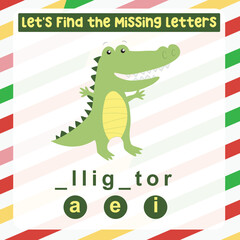 Missing letter worksheet for kids. Complete the missing letter for animal names in English. Kids educational game. Printable worksheet for preschool. Writing practice. Vector Illustrations file.