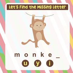 Missing letter worksheet. Complete the letters for animal names in English. Kids educational game. Printable worksheet for preschool. Writing practice. Vector file.
