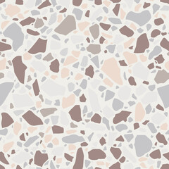 Brown terrazzo seamless texture. Floor tile, polished stone pattern. Marble surface. Vector abstract background with chaotic stains.