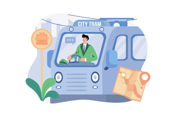 The Man Is Driving A Tram On The Street