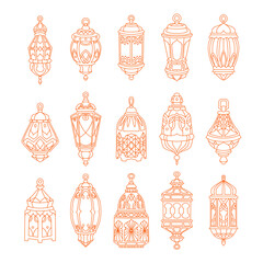 Arabic ramadan lantern, simple ramadan Kareem arabic lamp vector , Eid Mubarak Greeting Line icon minimal vector design outline hanging Lantern illustration.