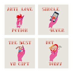 Anti valentines day concept gift card. Anti love mood. Cartoon elements and lettering in trendy tattoo style. Vector illustration.