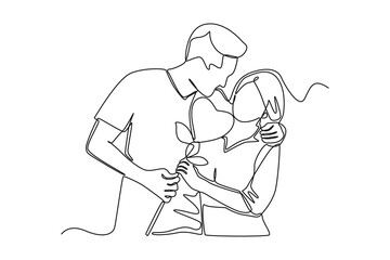 Continuous one line drawing Happy couple holding heart balloons. Wedding Concept. Single line draw design vector graphic illustration.