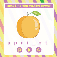 Find the missing letter worksheet for kids learning the fruits vocabulary in English. Educational alphabetic game. Printable worksheet for preschool. Educational spelling game for kids.