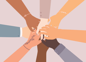 Diverse Group Of Human’s Hands Joining Together. Close-Up. Flat Design Style, Character, Cartoon.