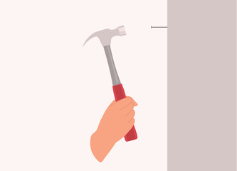 A Person’s Hand With Hammer Hitting Nail On Wall. Close-Up. Flat Design Style, Character, Cartoon.