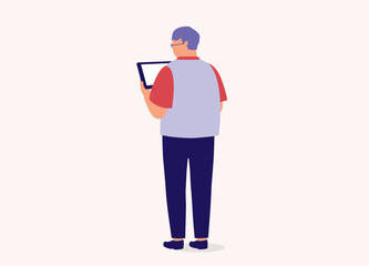 Back View Of A Senior Man Holding A Digital Tablet. Full Length. Flat Design Style, Character, Cartoon.