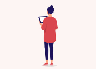 Back View Of A Young Woman Holding A Digital Tablet. Full Length. Flat Design Style, Character, Cartoon.