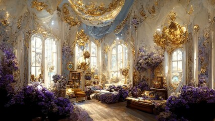 Fantasy place. Palace interior of gold and violet colors. Generative ai. 