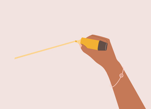 Black Female’s Hand Using Yellow Highlighter To Draw A Line. Close-Up. Flat Design Style, Character, Cartoon.