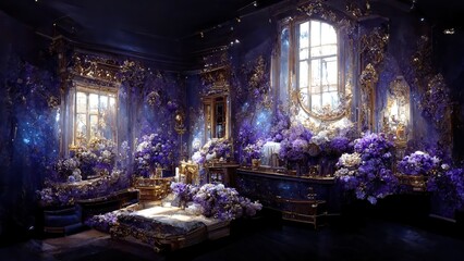 Fantasy place. Palace interior of gold and violet colors. Generative ai. 