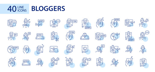 Big set of blogging and podcast icons. Like, share, repost. Pixel perfect, editable stroke line design