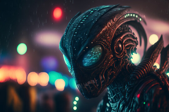 Alien fantasy face, extraterrestrial creature from science fiction with blurred city background. AI generative. 