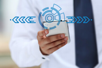 Business man with touching virtual screen to communication backgrounds.