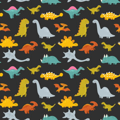 Vector seamless pattern with cute baby dinosaurs. Hand drawn brontosaurus, tyrannosaurus, pterodactyl, triceratops, stegosaurus, spinosaurus, plesiosaurus, ankylosaurus, velociraptor, parasaurolophus