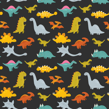 Vector seamless pattern with cute baby dinosaurs. Hand drawn brontosaurus, tyrannosaurus, pterodactyl, triceratops, stegosaurus, spinosaurus, plesiosaurus, ankylosaurus, velociraptor, parasaurolophus