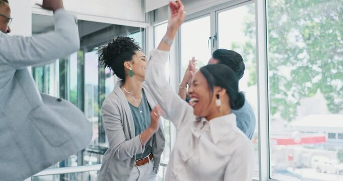 Celebration, hand stack and happy business people celebrating successful teamwork or collaboration. Happiness, celebrate and corporate team cheering for success, achievement or goal in the office.