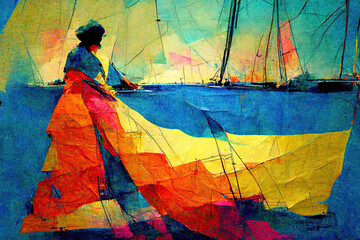 Silhouette of a woman next to a sailing boat on seashore, colorful watercolor on textured paper illustration