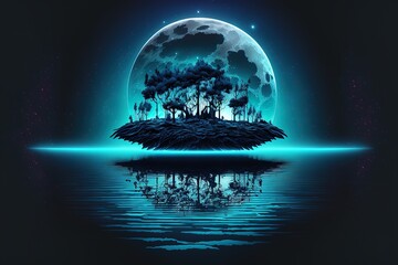 Futuristic night landscape with abstract landscape and island, moonlight, shine. Dark natural scene with reflection of light in the water, neon blue light. Dark neon background. Generative AI