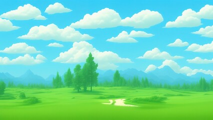 Obraz na płótnie Canvas Cartoon meadow landscape. Summer green fields view spring lawn hill and blue sky.