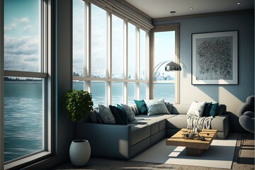 Fototapeta na wymiar living room contemporary sea view,earth tone.Generative AI